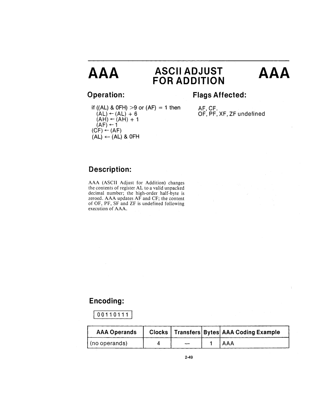 Intel 210200-002 manual AAA Ascii Adjust AAA For Addition, Operation Flags Affected 