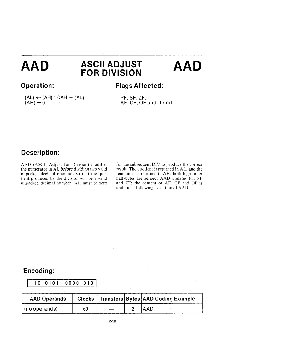 Intel 210200-002 manual Ascii Adjust for Division, Description 