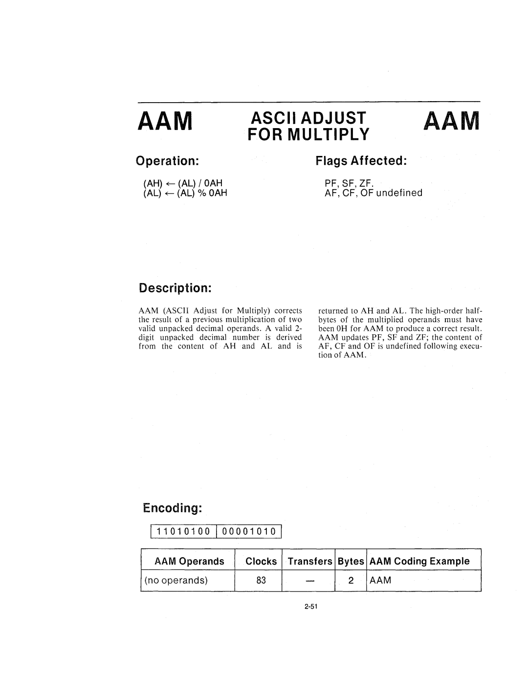 Intel 210200-002 manual Aam, Ascii Adjust AAM for Multiply 