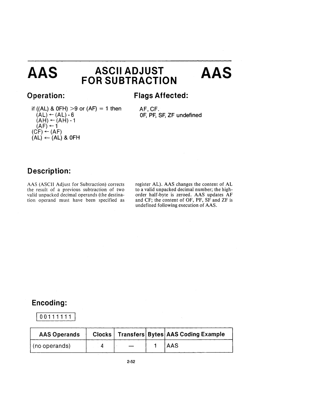 Intel 210200-002 manual AAS Ascii Adjust AAS For Subtraction, 1001111111 