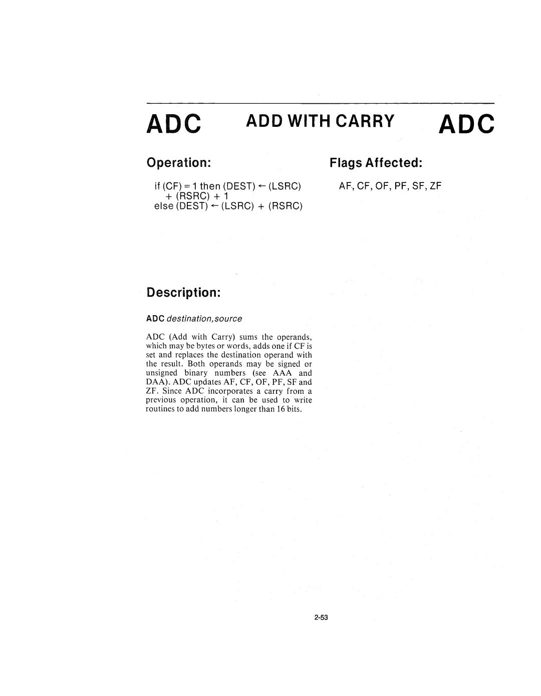 Intel 210200-002 manual ADC ADD with Carry ADC, ADC destination, source 