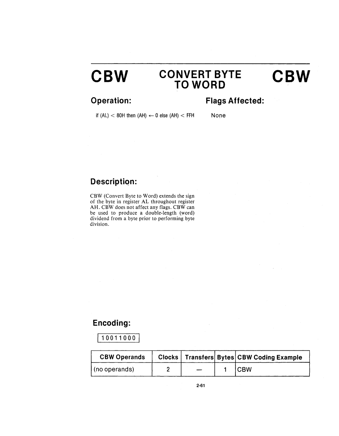 Intel 210200-002 manual CBW Convert Byte CBW Toword, 1100110001 