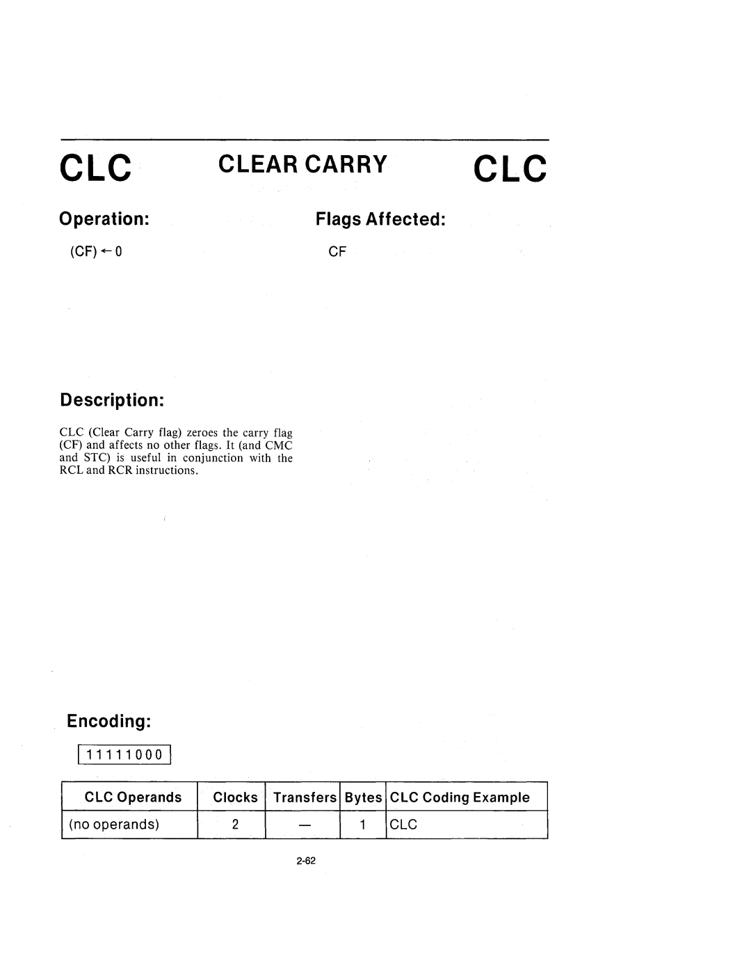 Intel 210200-002 manual CLC Clear Carry, 1111110001 