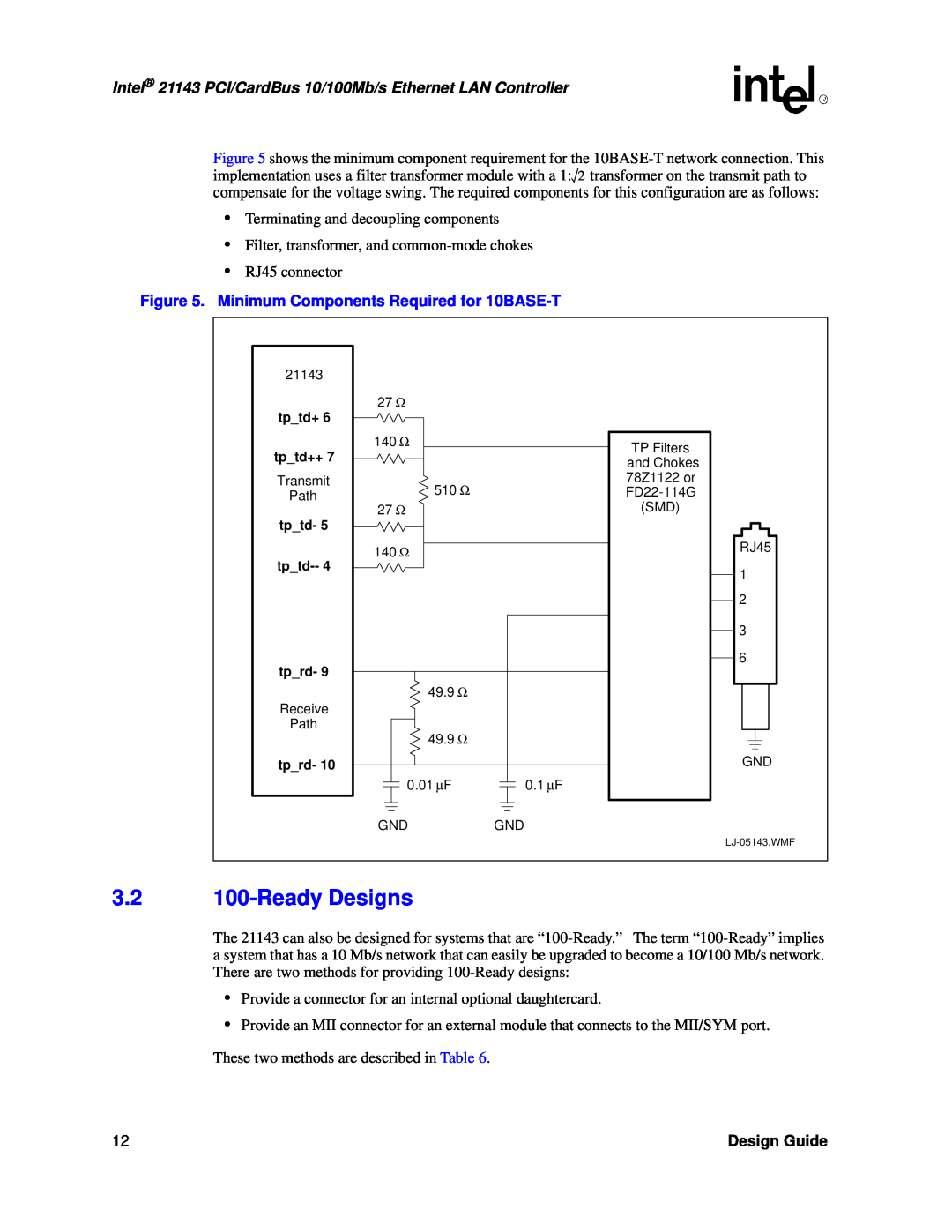 Intel 21143 manual Ready Designs, Minimum Components Required for 10BASE-T, Design Guide 