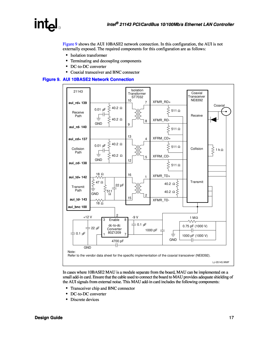 Intel AUI 10BASE2 Network Connection, Intel 21143 PCI/CardBus 10/100Mb/s Ethernet LAN Controller, Design Guide, auitd 