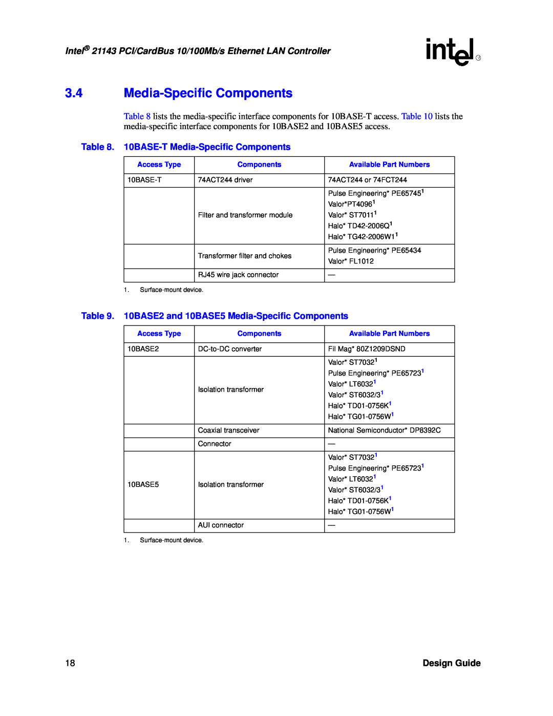 Intel 21143 manual 10BASE-T Media-Specific Components, 10BASE2 and 10BASE5 Media-Specific Components, Design Guide 