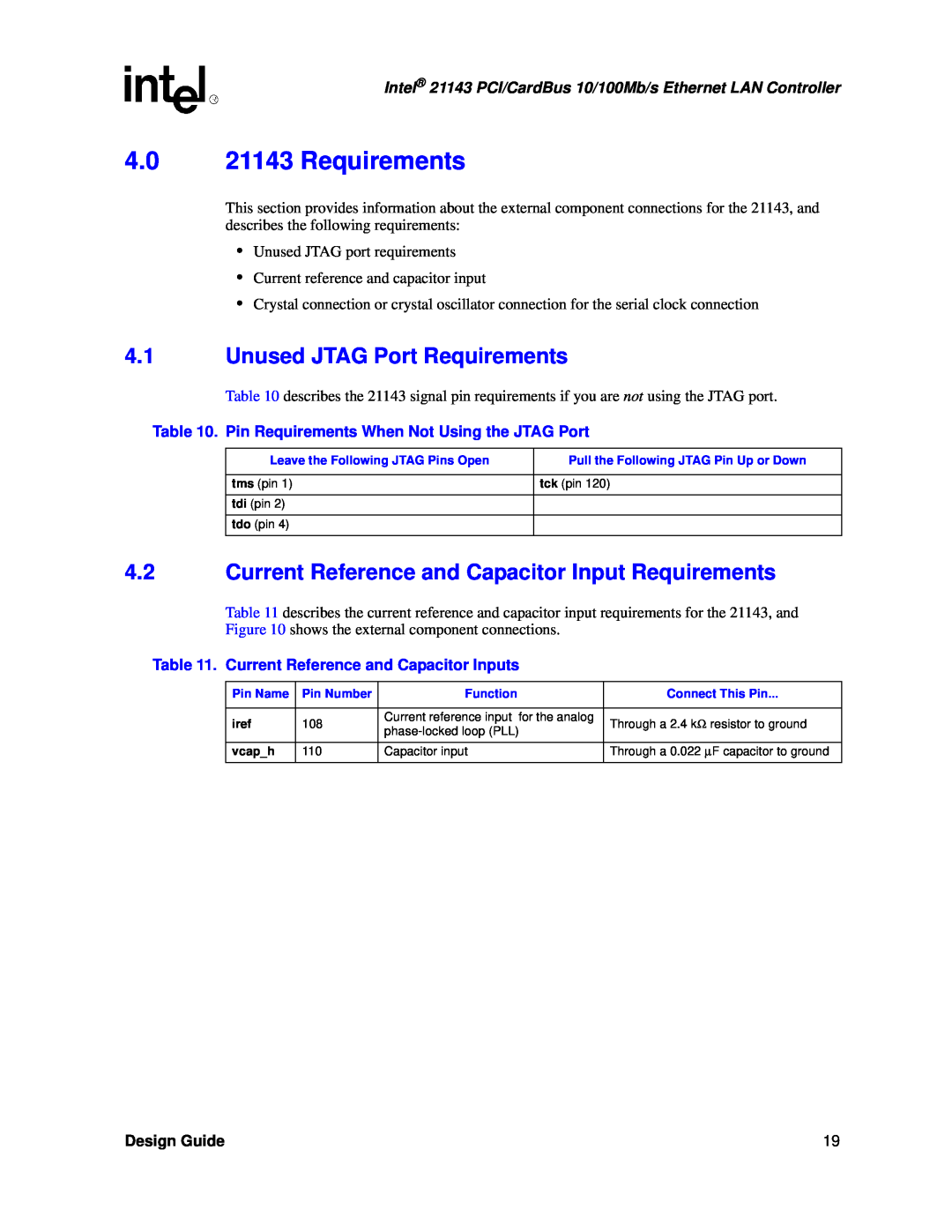 Intel manual 4.0 21143 Requirements, Unused JTAG Port Requirements, Current Reference and Capacitor Input Requirements 