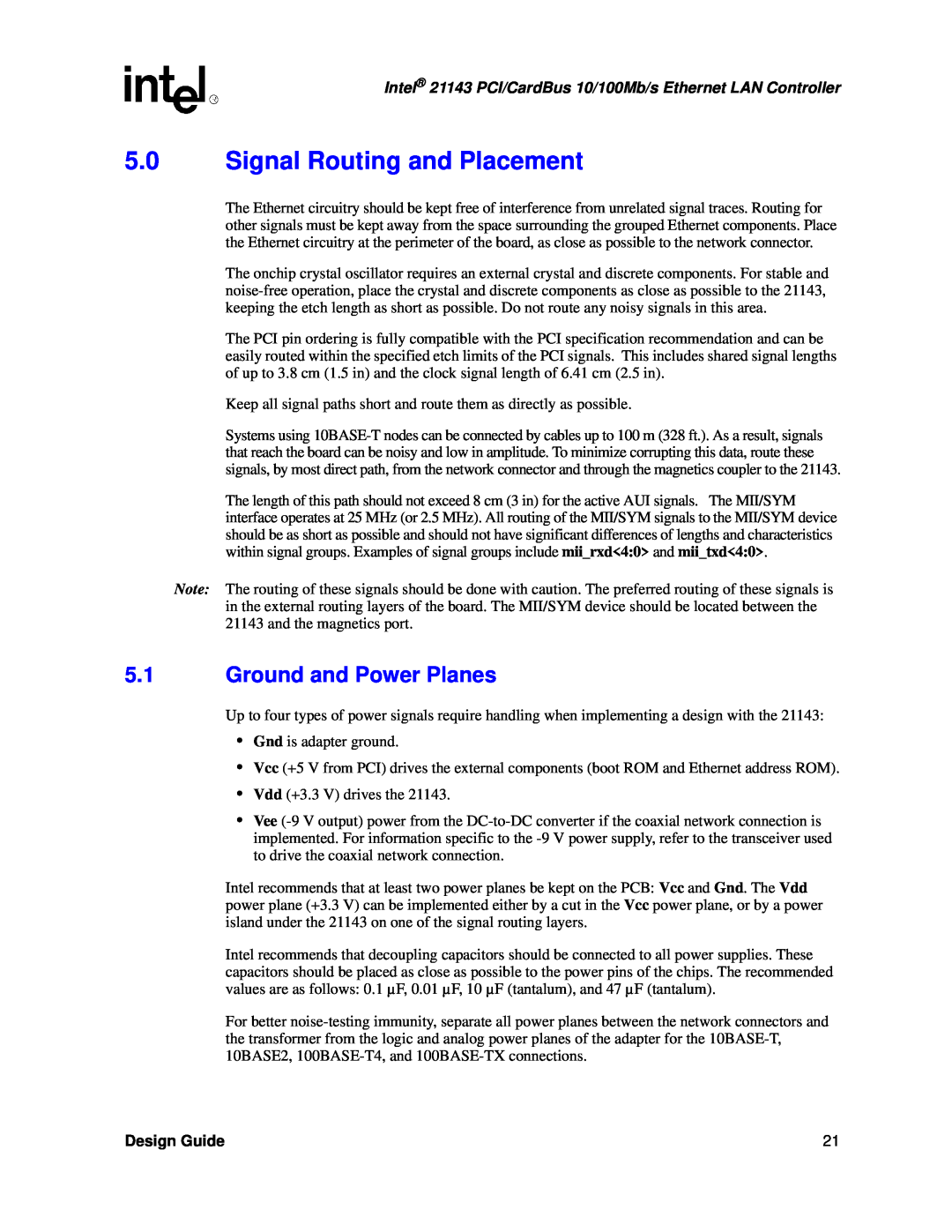 Intel 21143 manual Signal Routing and Placement, Ground and Power Planes, Design Guide 