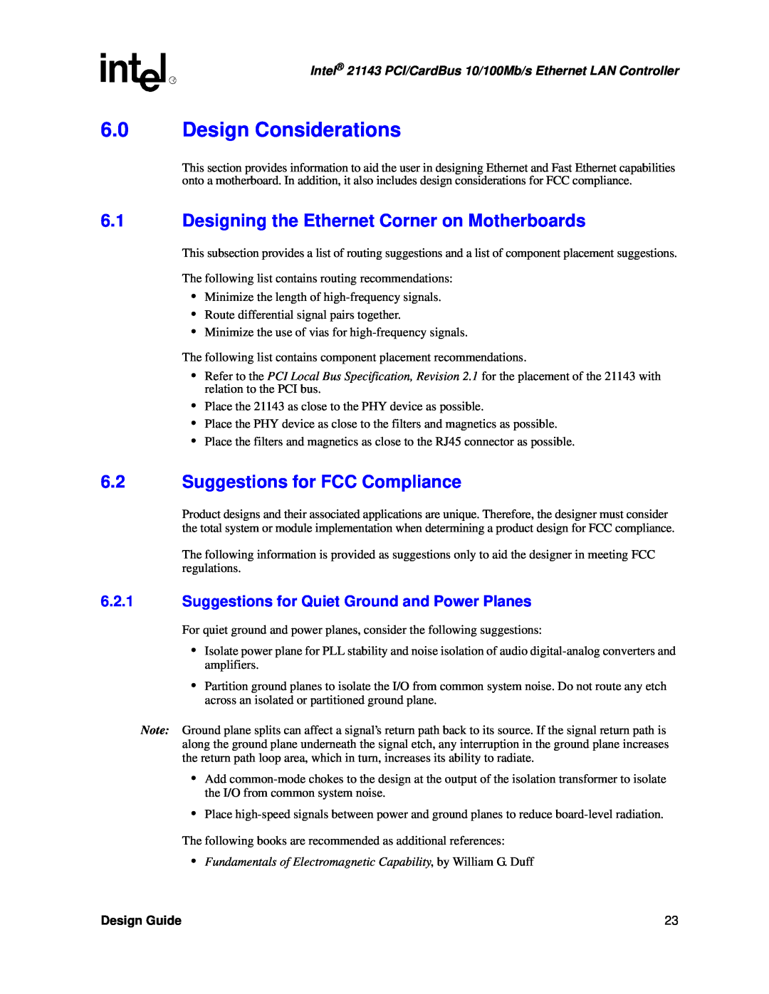 Intel 21143 manual Design Considerations, Designing the Ethernet Corner on Motherboards, Suggestions for FCC Compliance 