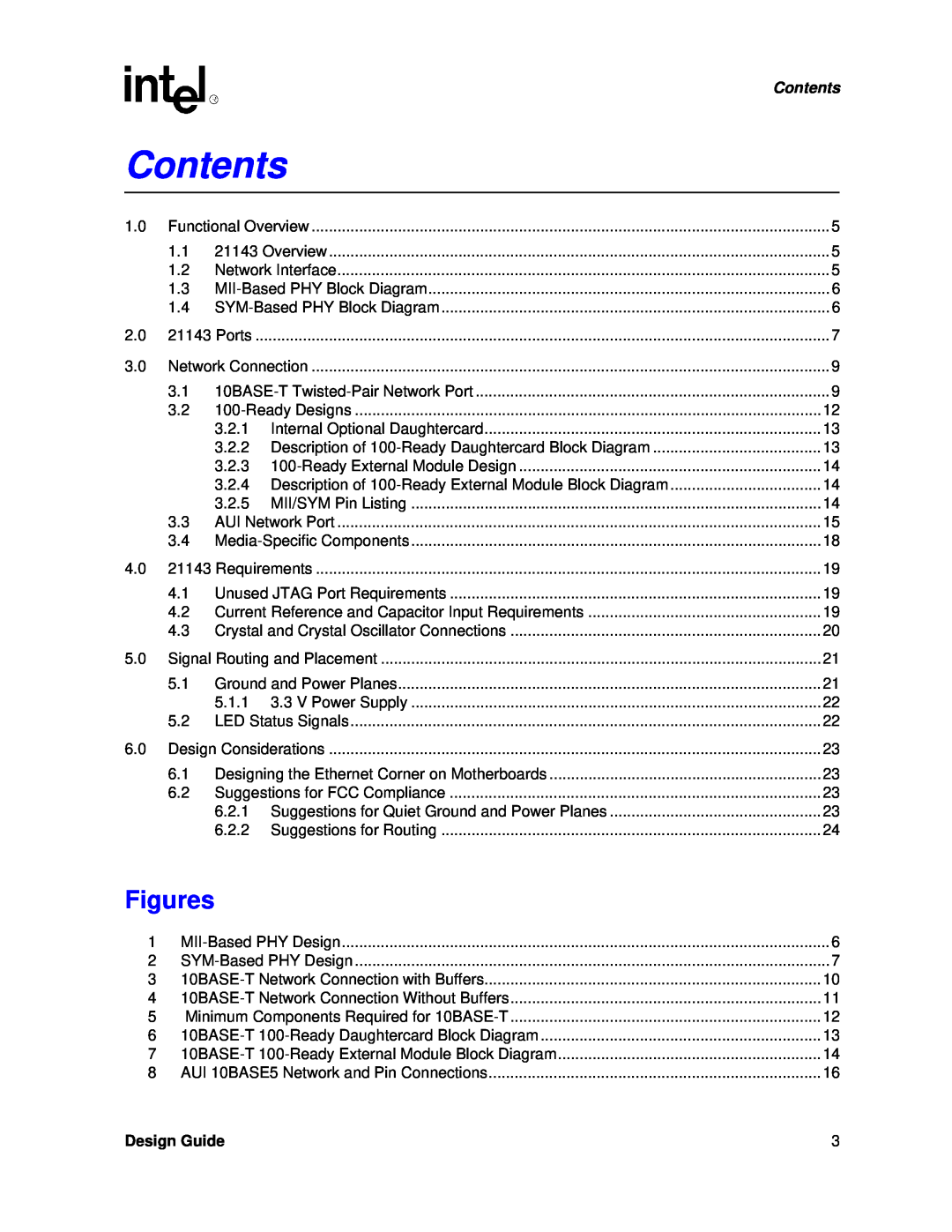 Intel 21143 manual Figures, Contents, Design Guide 