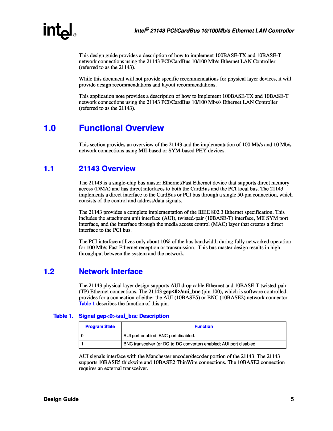 Intel manual Functional Overview, 1.1 21143 Overview, Network Interface, Signal gep0/auibnc Description, Design Guide 
