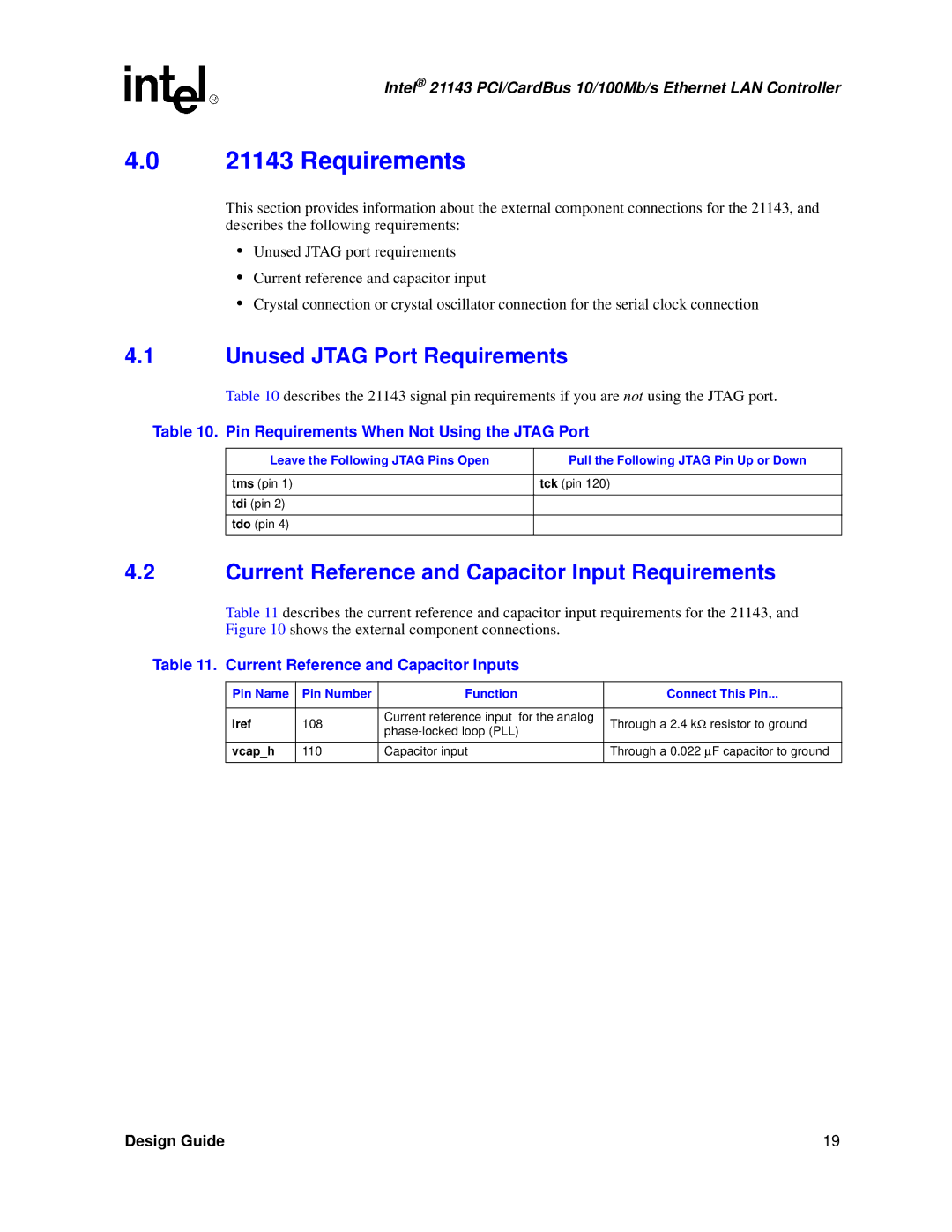 Intel 21143 manual Unused Jtag Port Requirements, Current Reference and Capacitor Input Requirements 