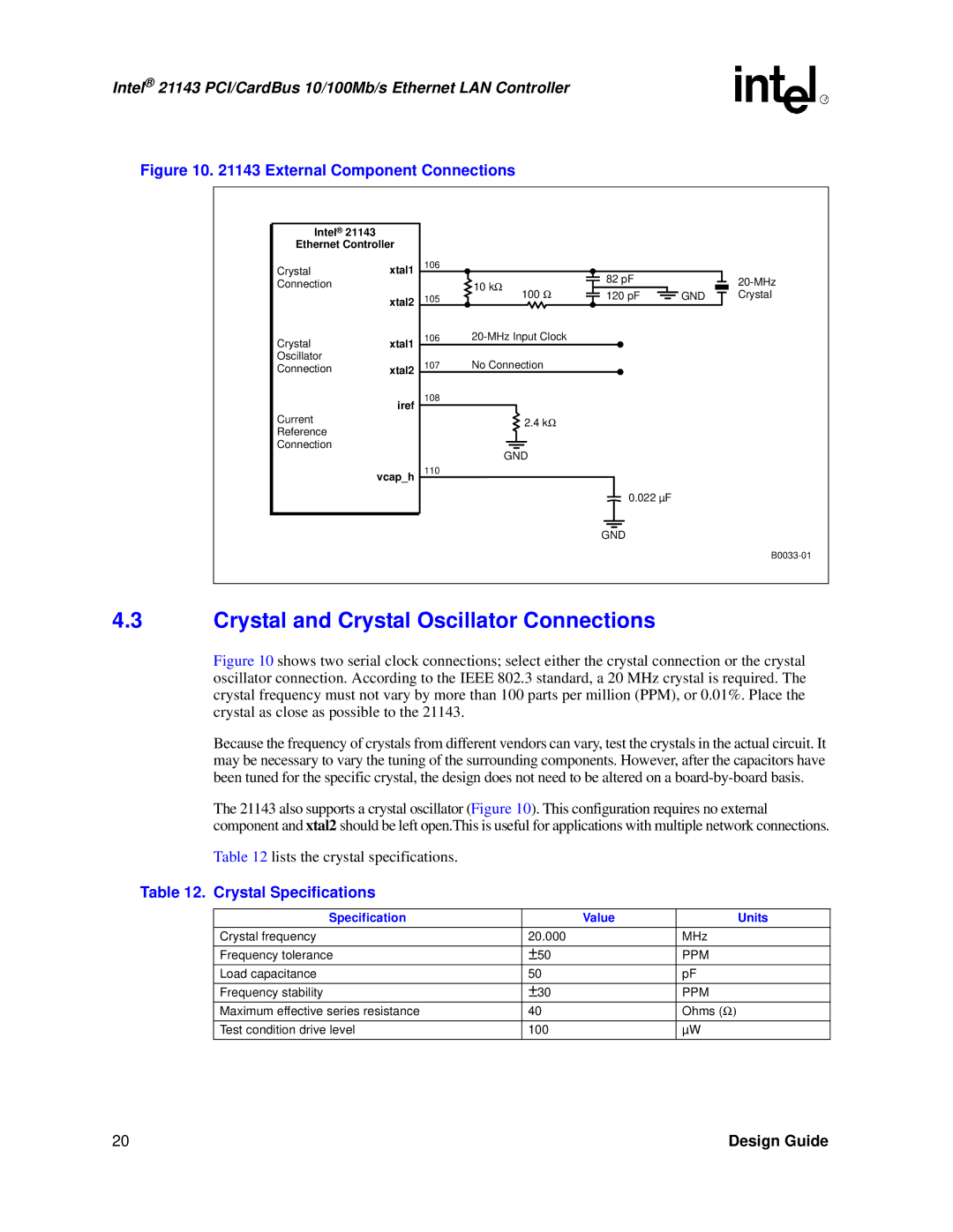 Intel 21143 manual Crystal and Crystal Oscillator Connections, Crystal Specifications, Specification Value Units 