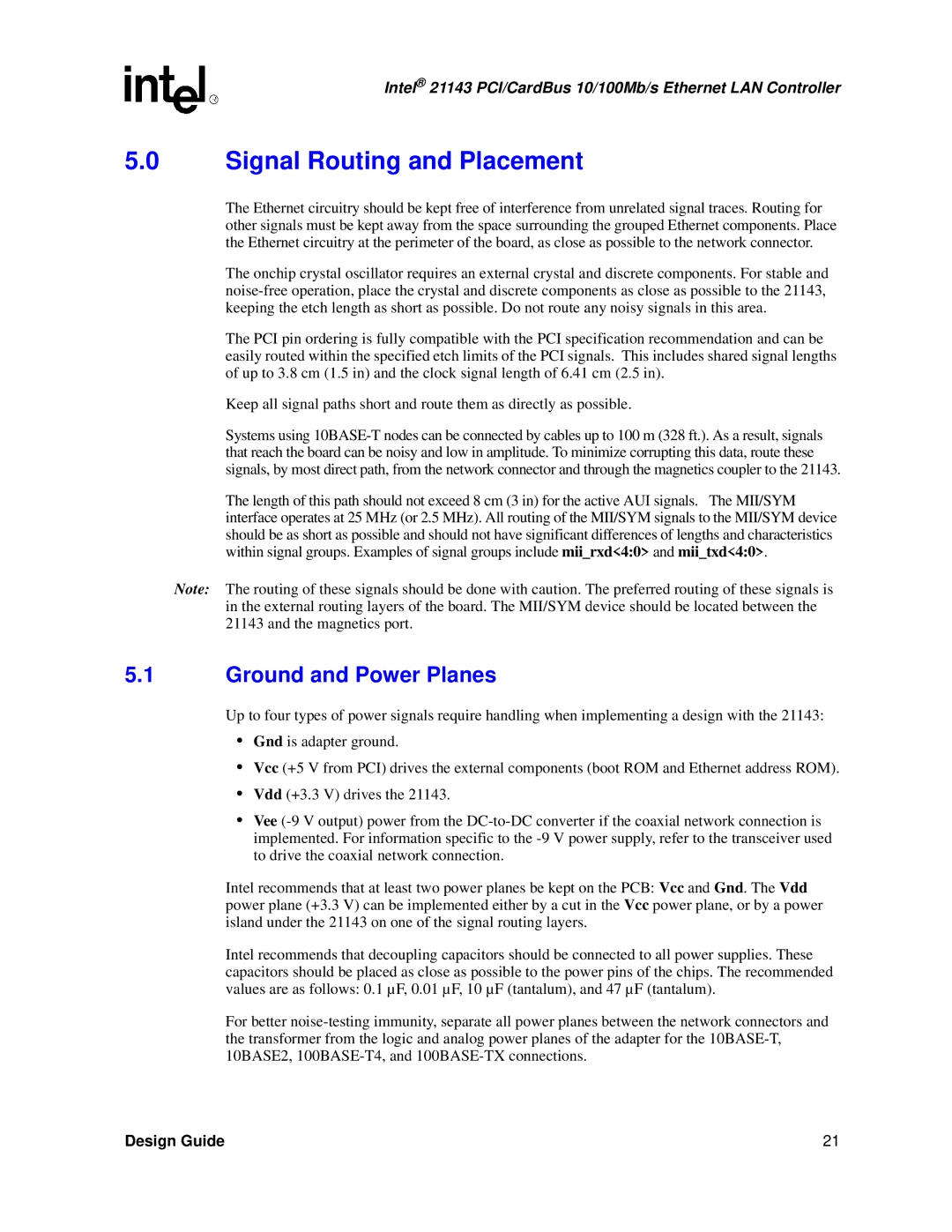 Intel 21143 manual Signal Routing and Placement, Ground and Power Planes 