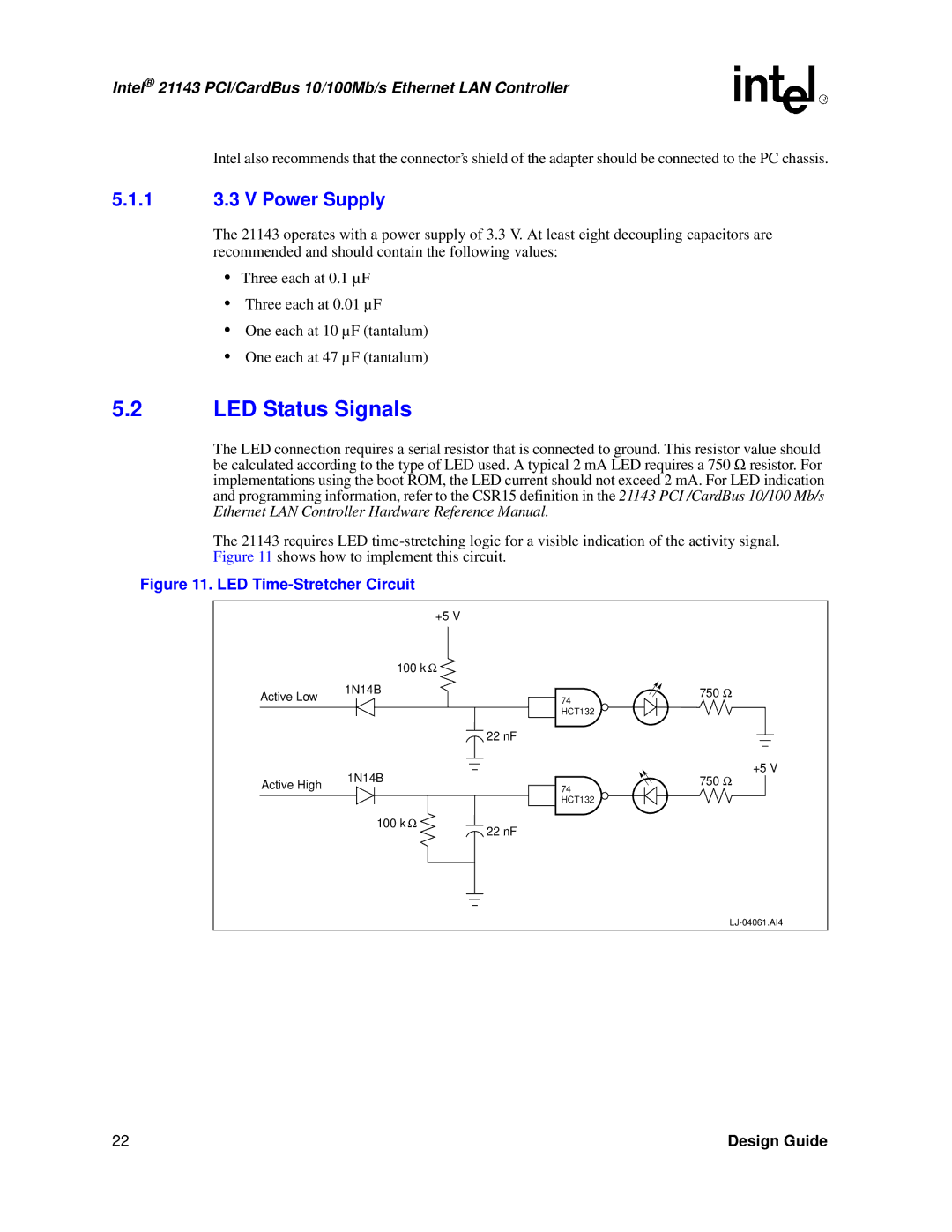 Intel 21143 manual LED Status Signals, 1 3.3 V Power Supply 