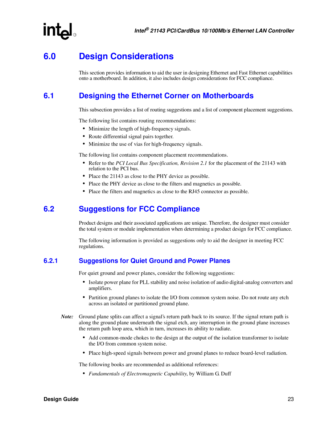 Intel 21143 manual Design Considerations, Designing the Ethernet Corner on Motherboards, Suggestions for FCC Compliance 