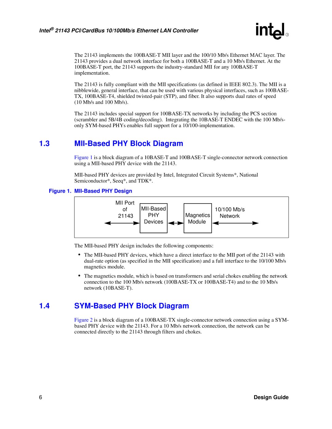 Intel 21143 manual MII-Based PHY Block Diagram, SYM-Based PHY Block Diagram 