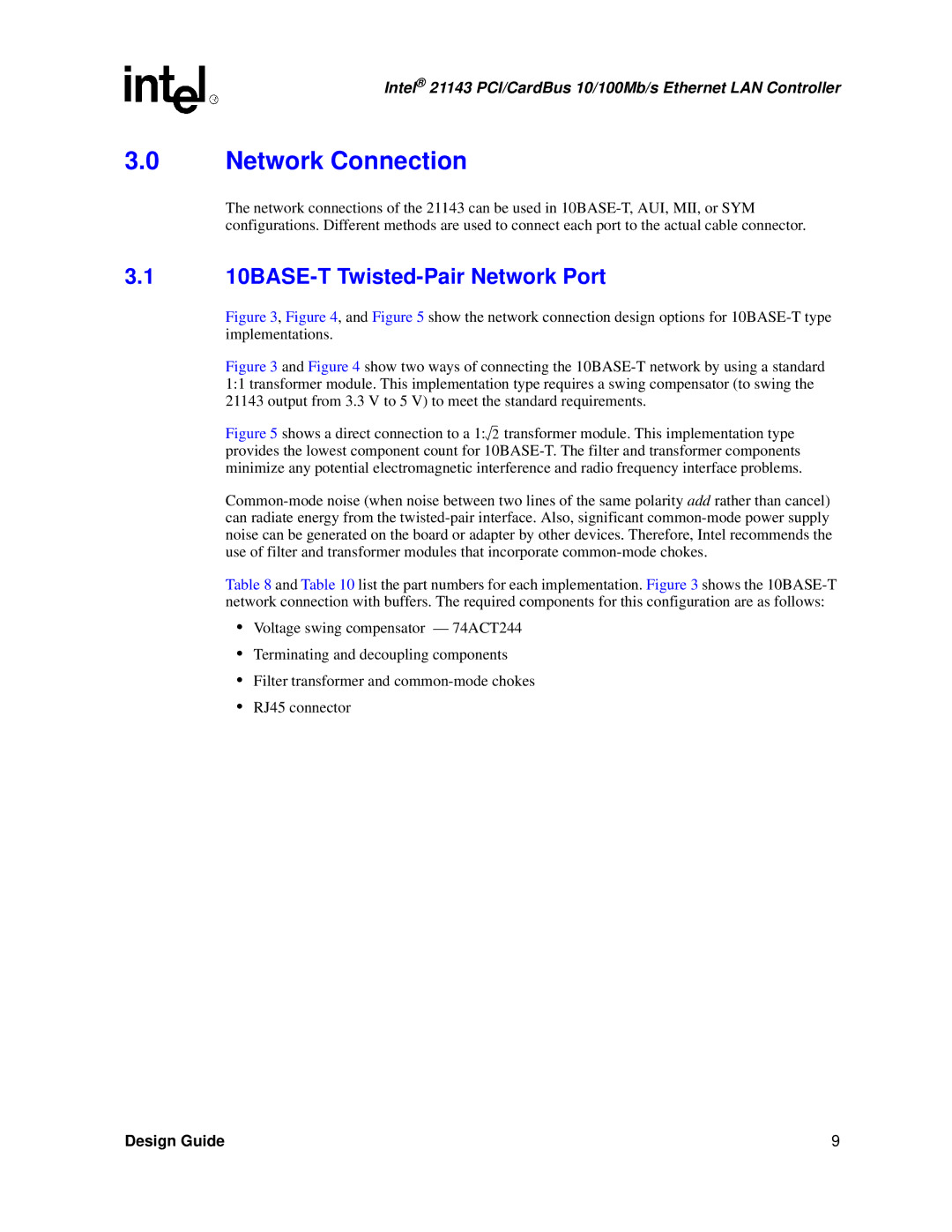 Intel 21143 manual Network Connection, 10BASE-T Twisted-Pair Network Port 