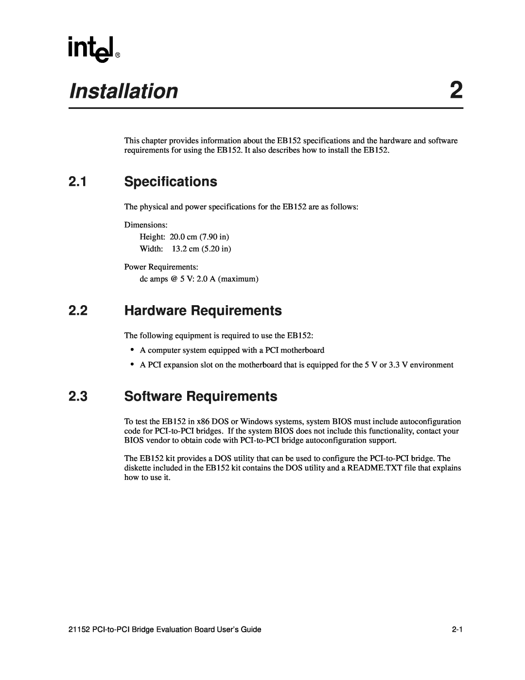 Intel 21152 manual Installation, Specifications, Hardware Requirements, Software Requirements 