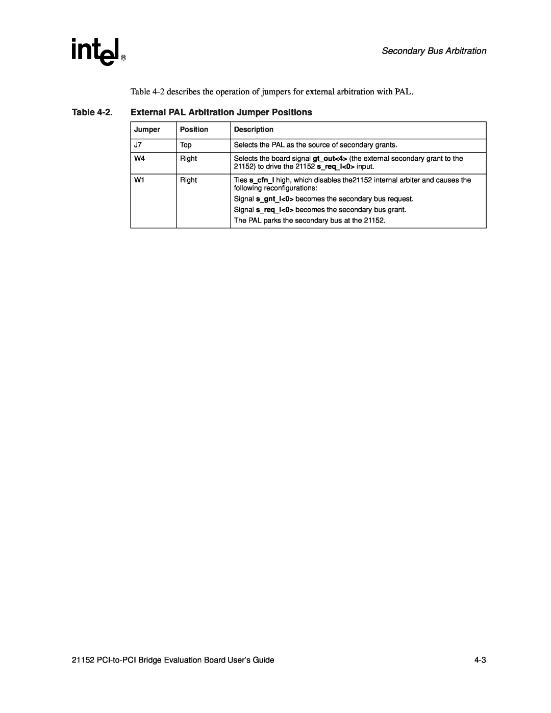 Intel 21152 manual External PAL Arbitration Jumper Positions, Secondary Bus Arbitration, Description 