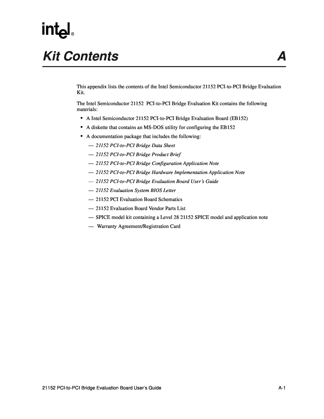 Intel 21152 manual Kit Contents 