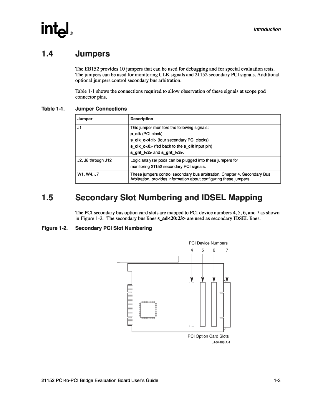 Intel 21152 manual Jumpers, Secondary Slot Numbering and IDSEL Mapping, Jumper Connections, 2. Secondary PCI Slot Numbering 