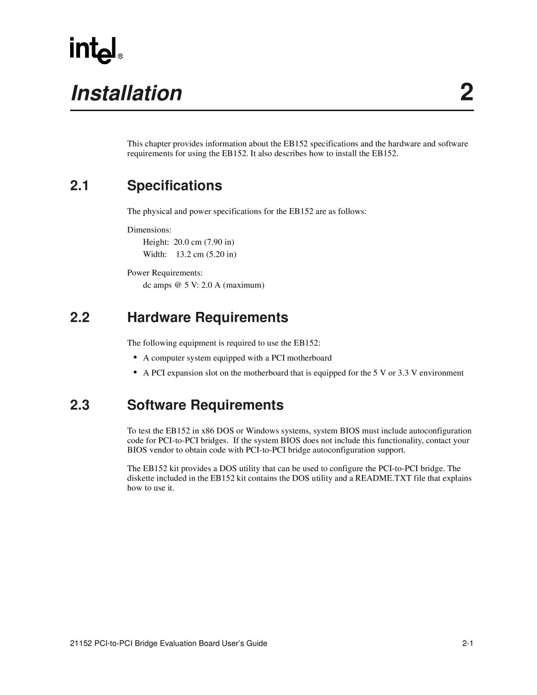 Intel 21152 manual Installation, Specifications, Hardware Requirements, Software Requirements 