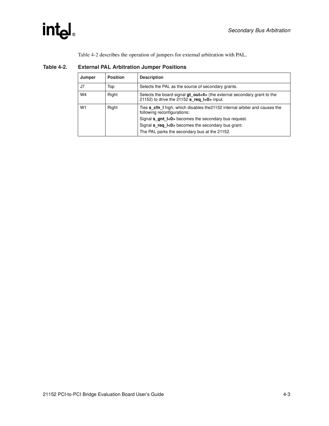 Intel 21152 manual External PAL Arbitration Jumper Positions 