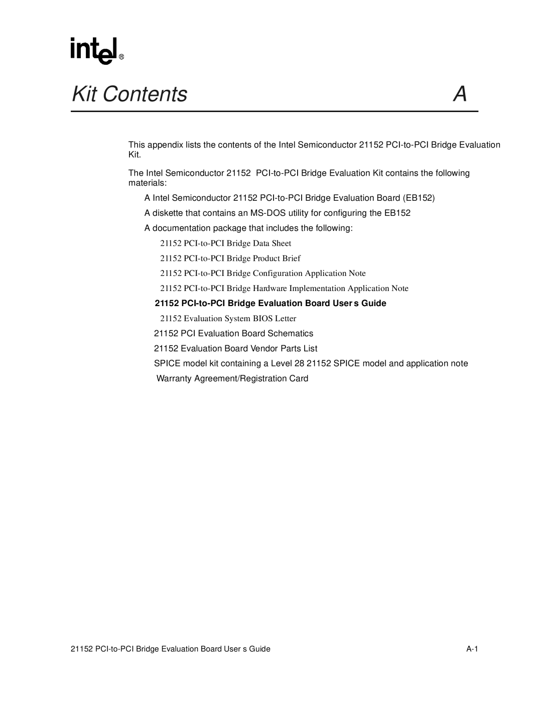 Intel 21152 manual Kit Contents 