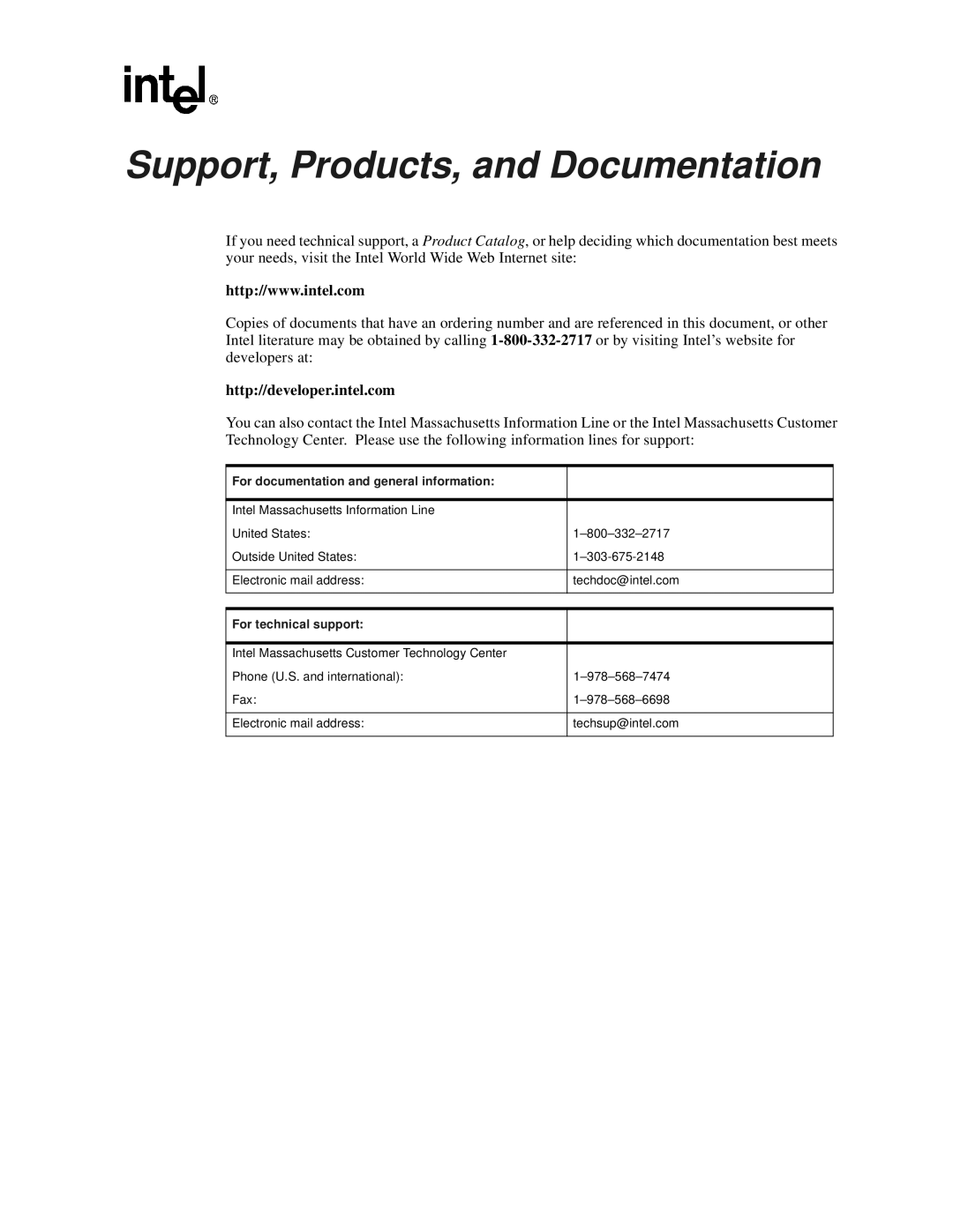 Intel 21152 manual Support, Products, and Documentation, Http//developer.intel.com 