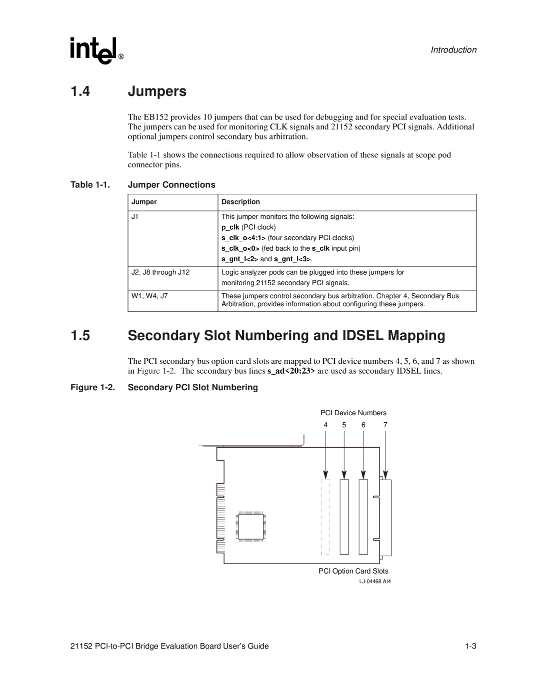 Intel 21152 manual Jumpers, Secondary Slot Numbering and Idsel Mapping, Jumper Connections 