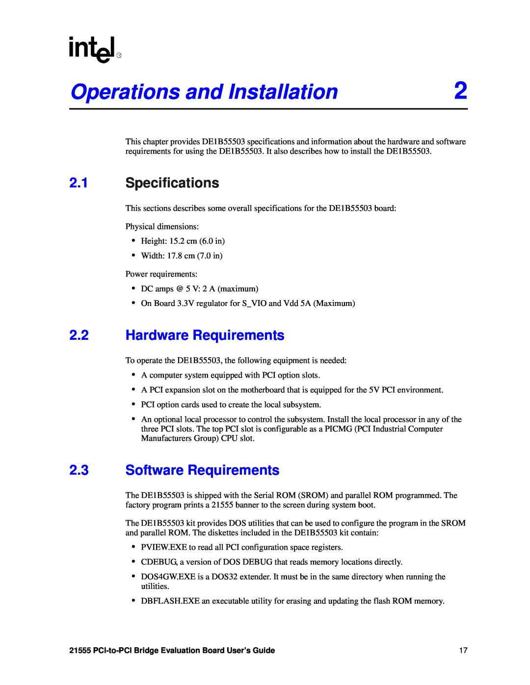 Intel 21555 manual Operations and Installation, Hardware Requirements, Software Requirements, Specifications 