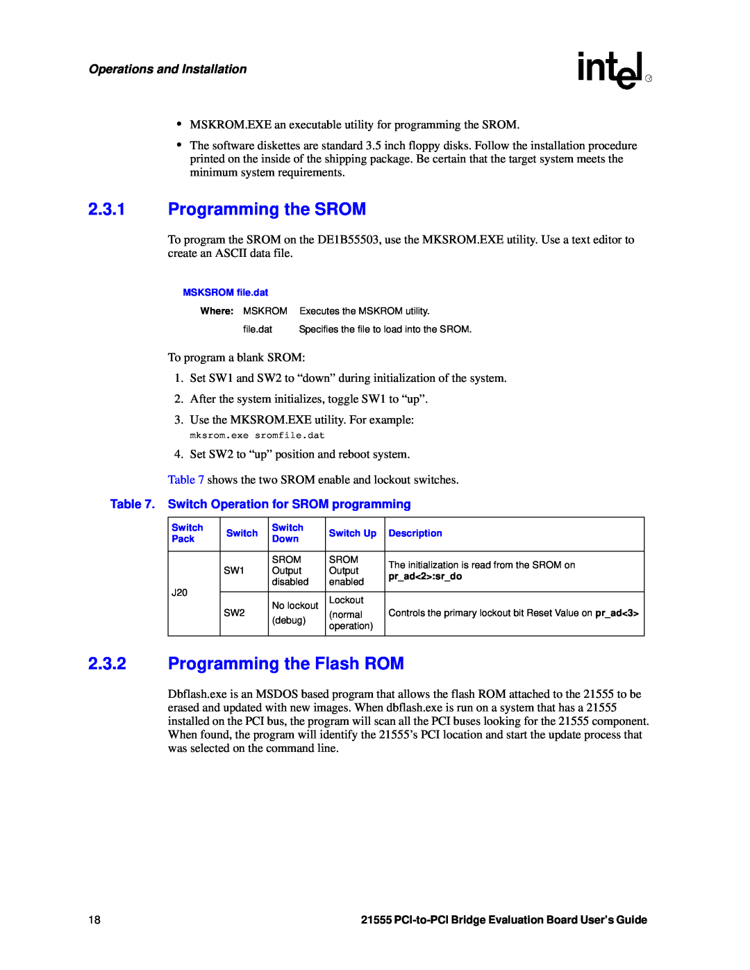 Intel 21555 manual Programming the SROM, Programming the Flash ROM, Operations and Installation 