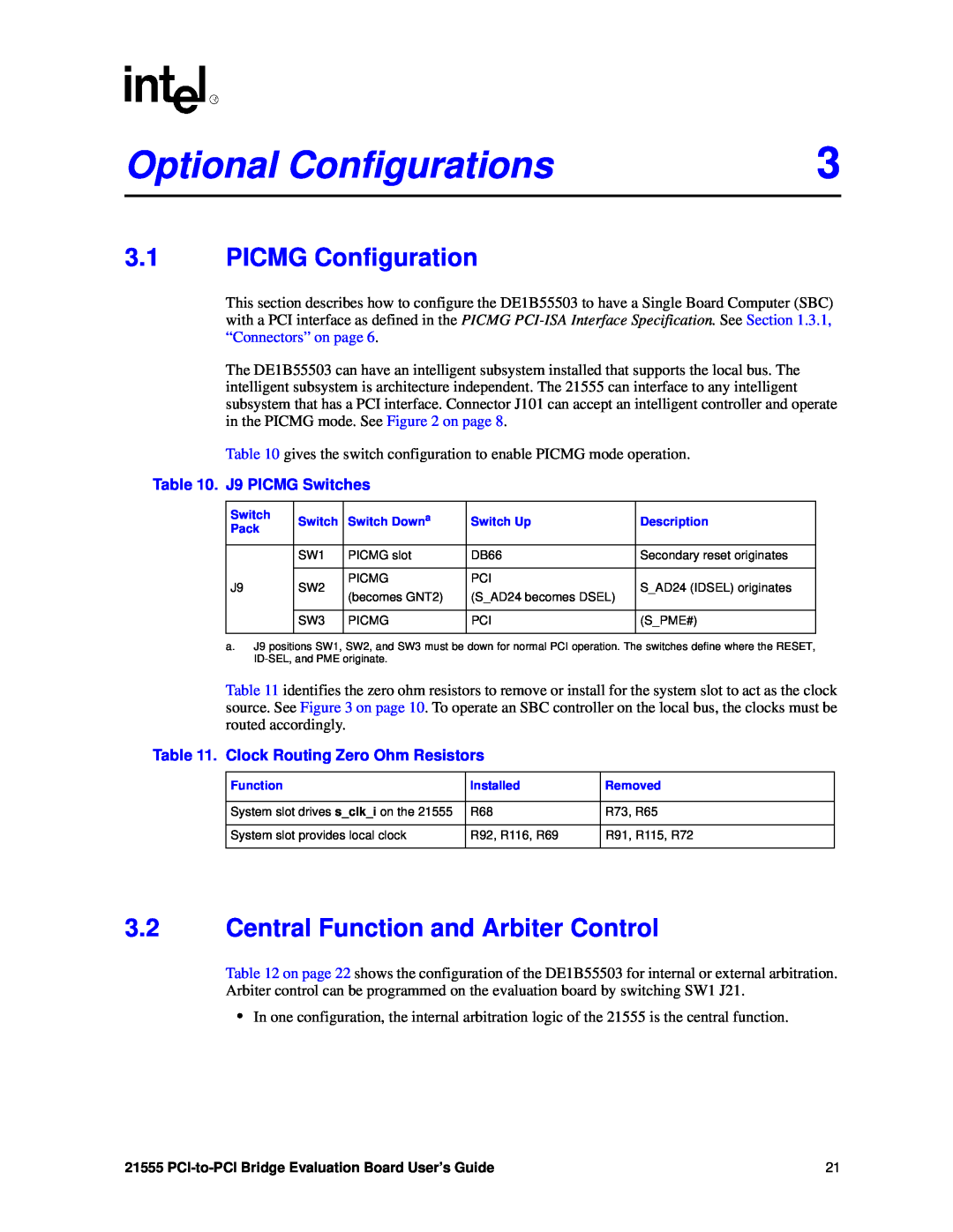 Intel 21555 manual Optional Configurations, PICMG Configuration, Central Function and Arbiter Control 
