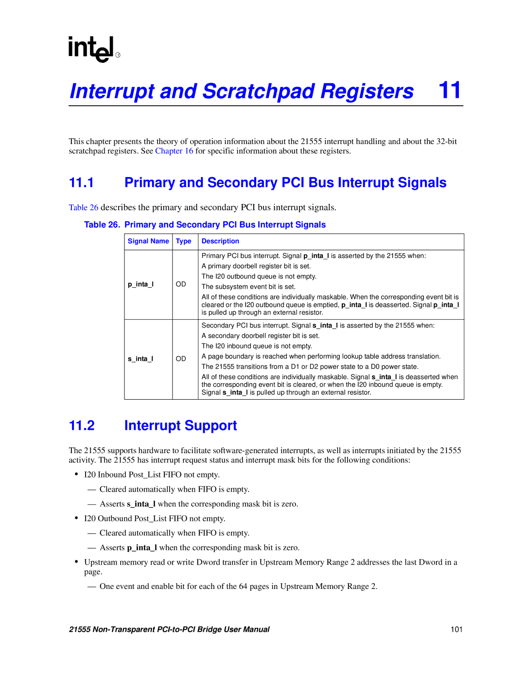 Intel 21555 Interrupt and Scratchpad Registers, Primary and Secondary PCI Bus Interrupt Signals, Interrupt Support 