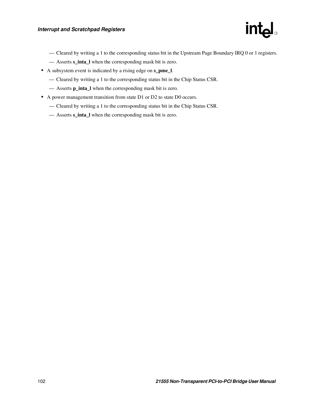 Intel 21555 user manual Interrupt and Scratchpad Registers 