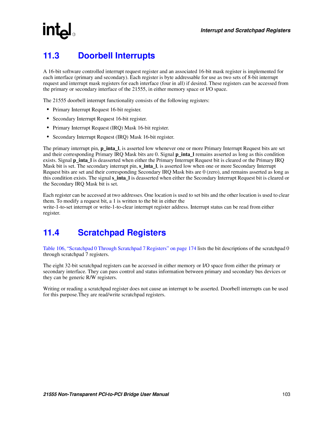 Intel 21555 user manual Doorbell Interrupts, Scratchpad Registers 