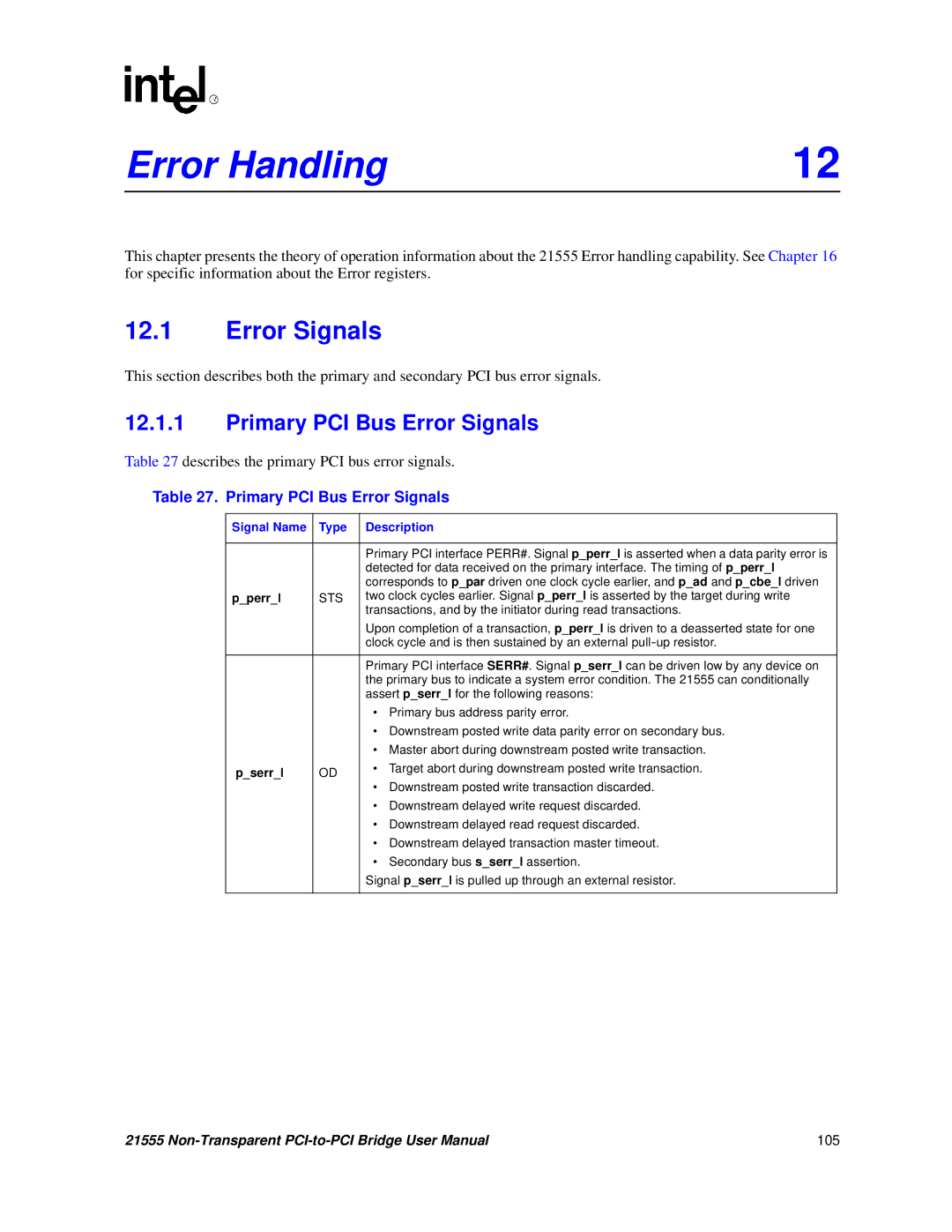 Intel 21555 user manual Error Handling, Primary PCI Bus Error Signals 