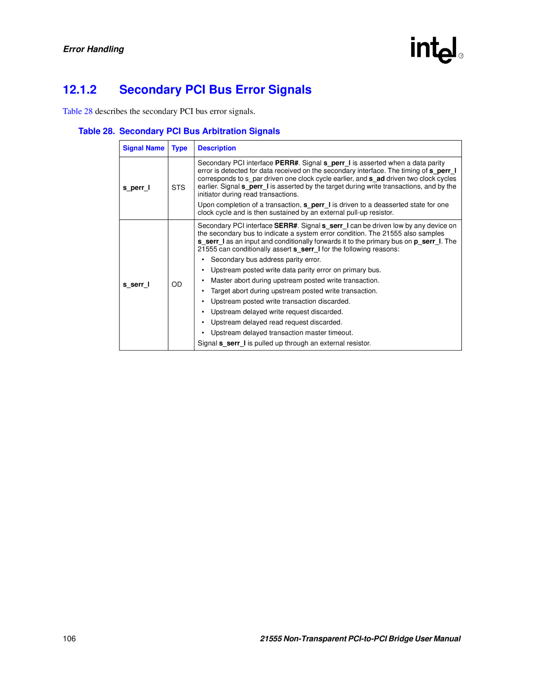 Intel 21555 user manual Secondary PCI Bus Error Signals, Secondary PCI Bus Arbitration Signals 