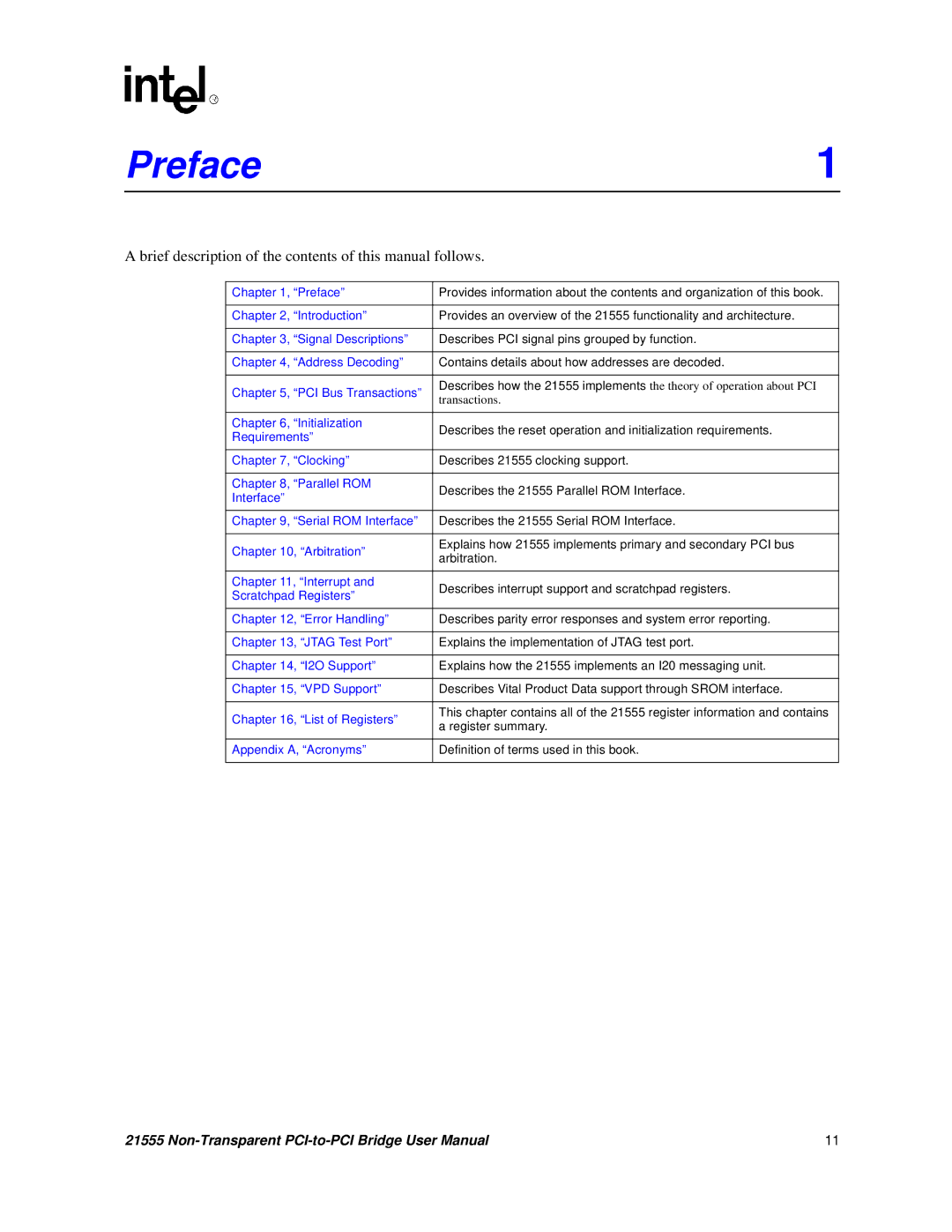 Intel 21555 user manual Preface, Brief description of the contents of this manual follows 