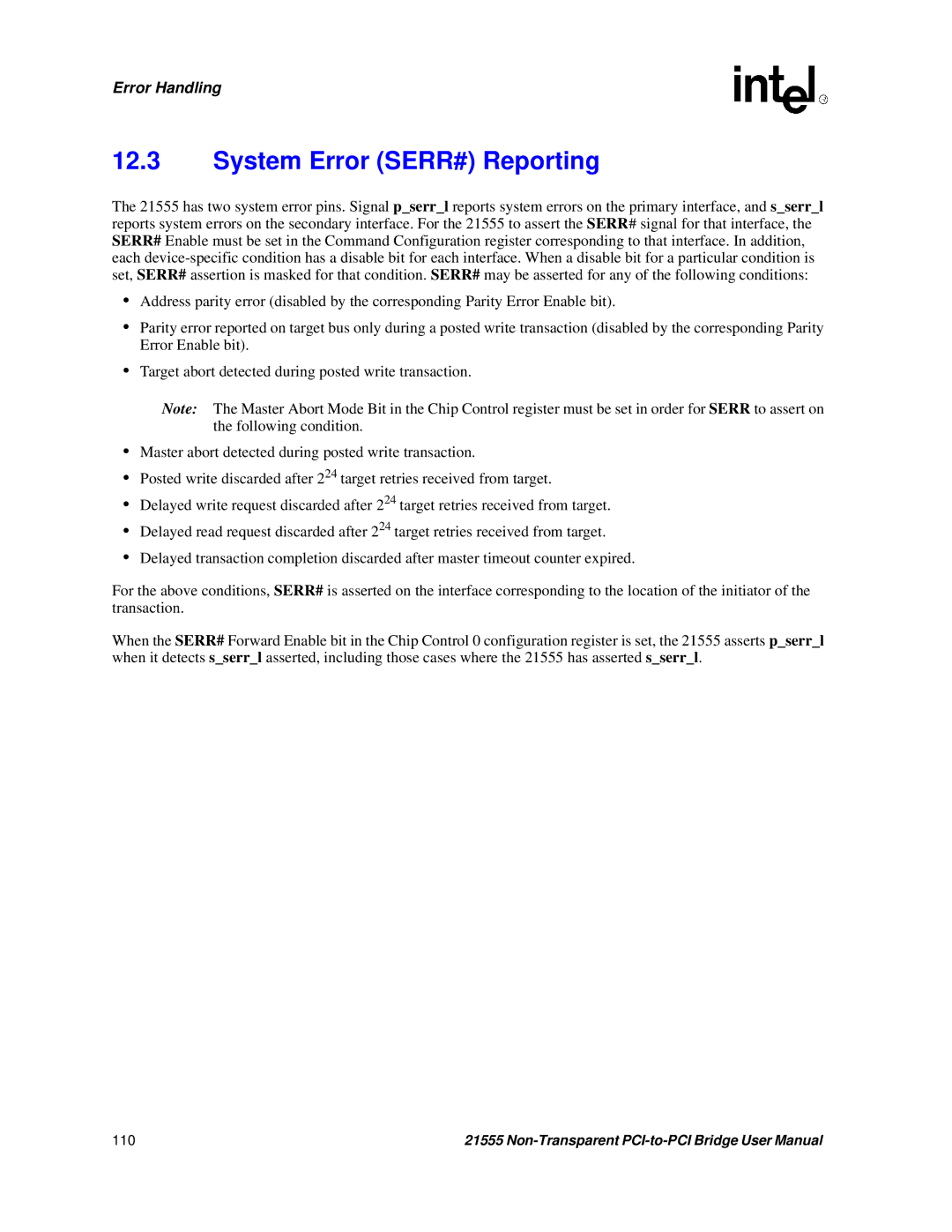 Intel 21555 user manual System Error SERR# Reporting 