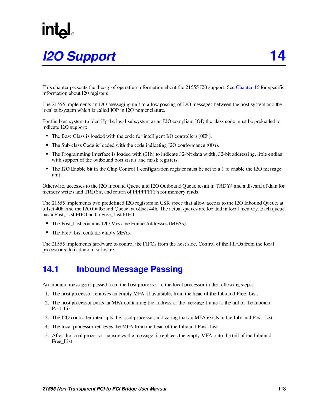 Intel 21555 user manual I2O Support, Inbound Message Passing 