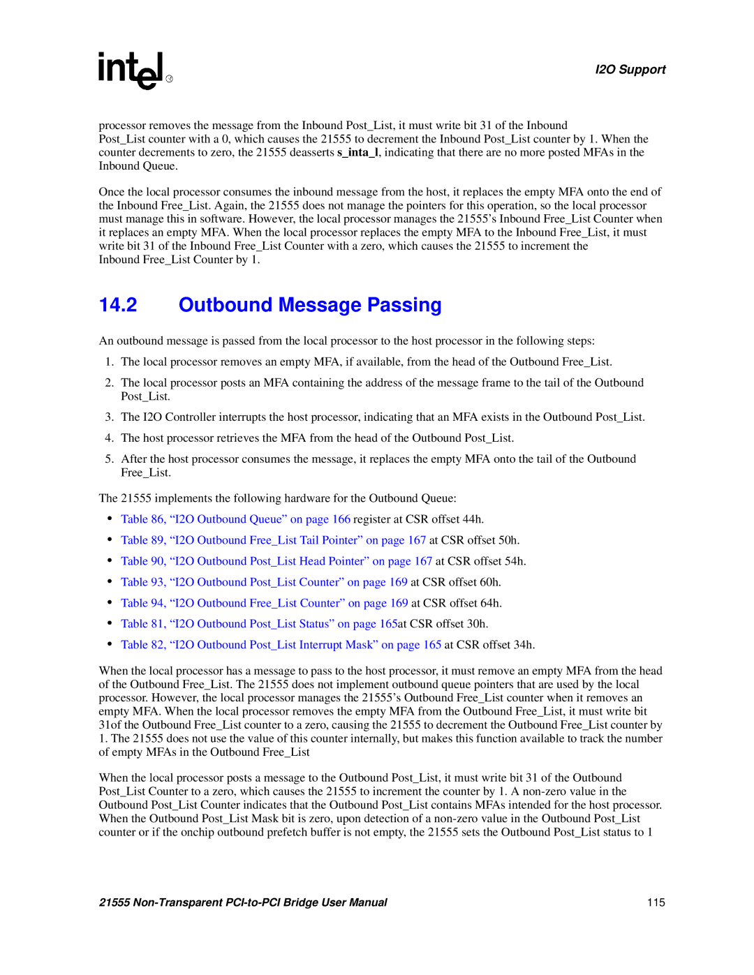 Intel 21555 user manual Outbound Message Passing 