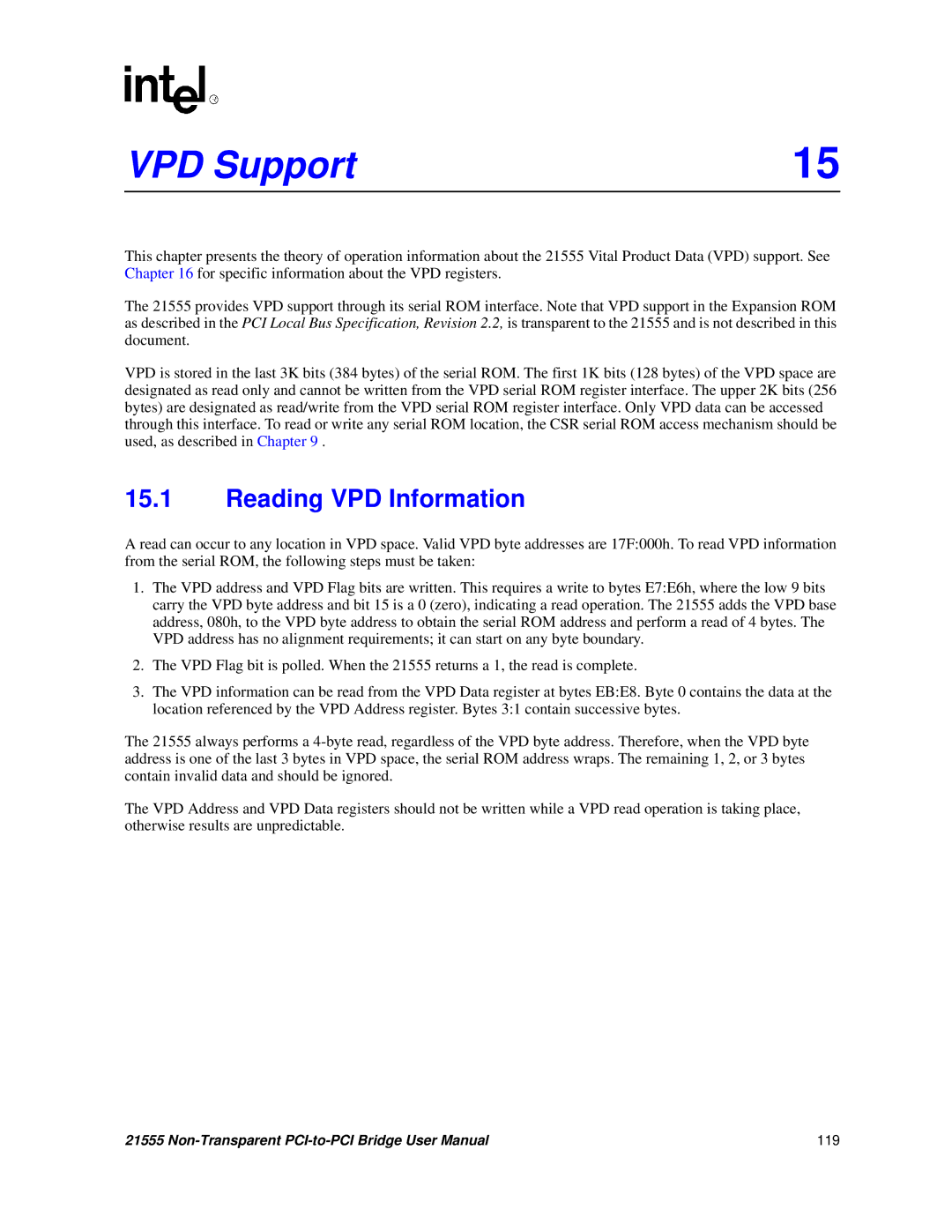 Intel 21555 user manual VPD Support, Reading VPD Information 