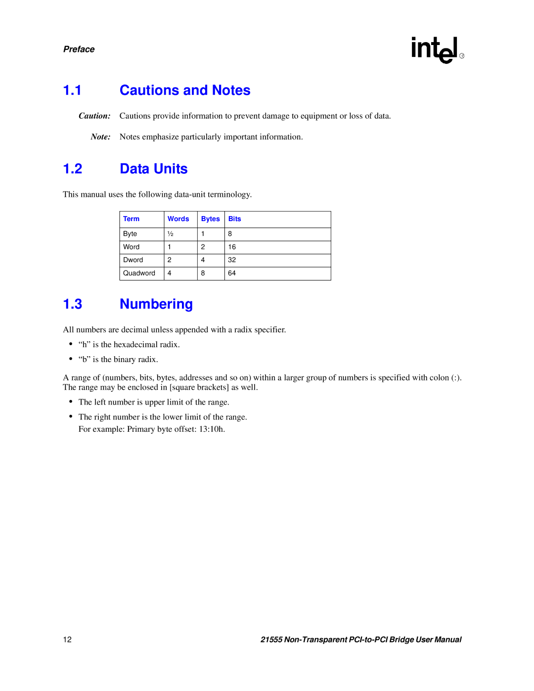 Intel 21555 user manual Data Units, Numbering, Term Words Bytes Bits 