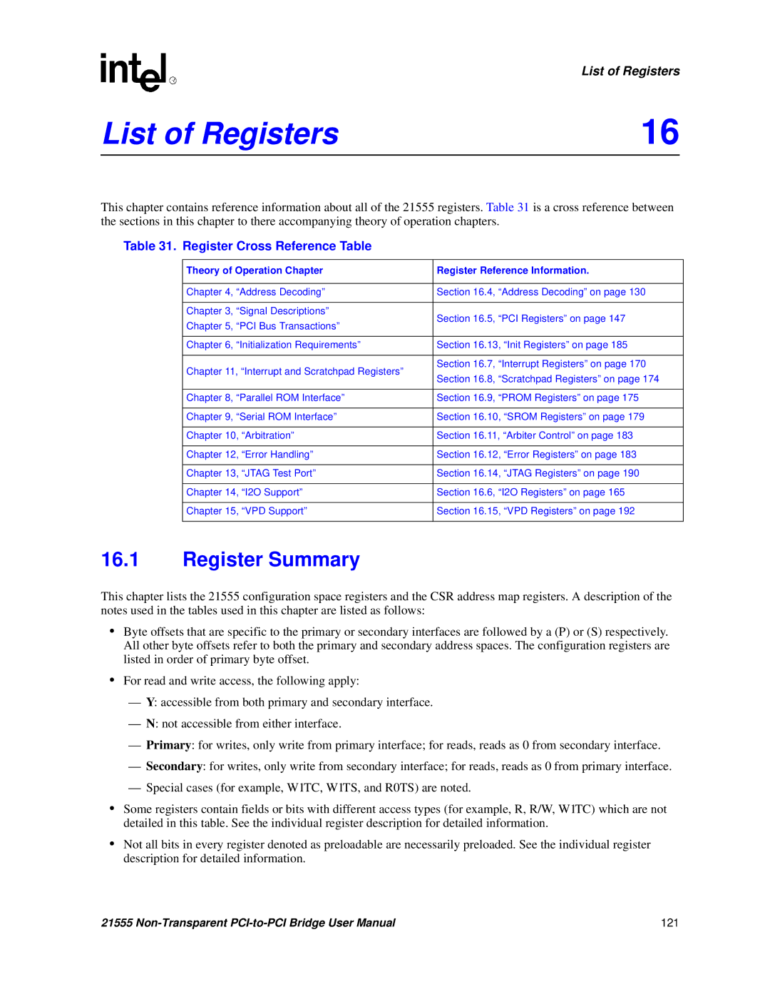 Intel 21555 user manual List of Registers, Register Summary, Register Cross Reference Table 