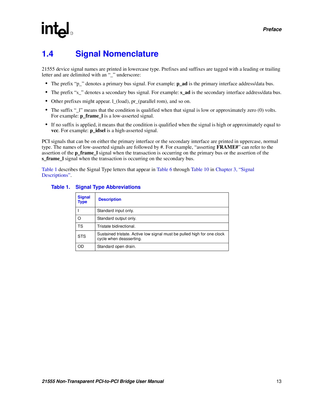 Intel 21555 user manual Signal Nomenclature, Signal Type Abbreviations, Signal Description Type, Sts 