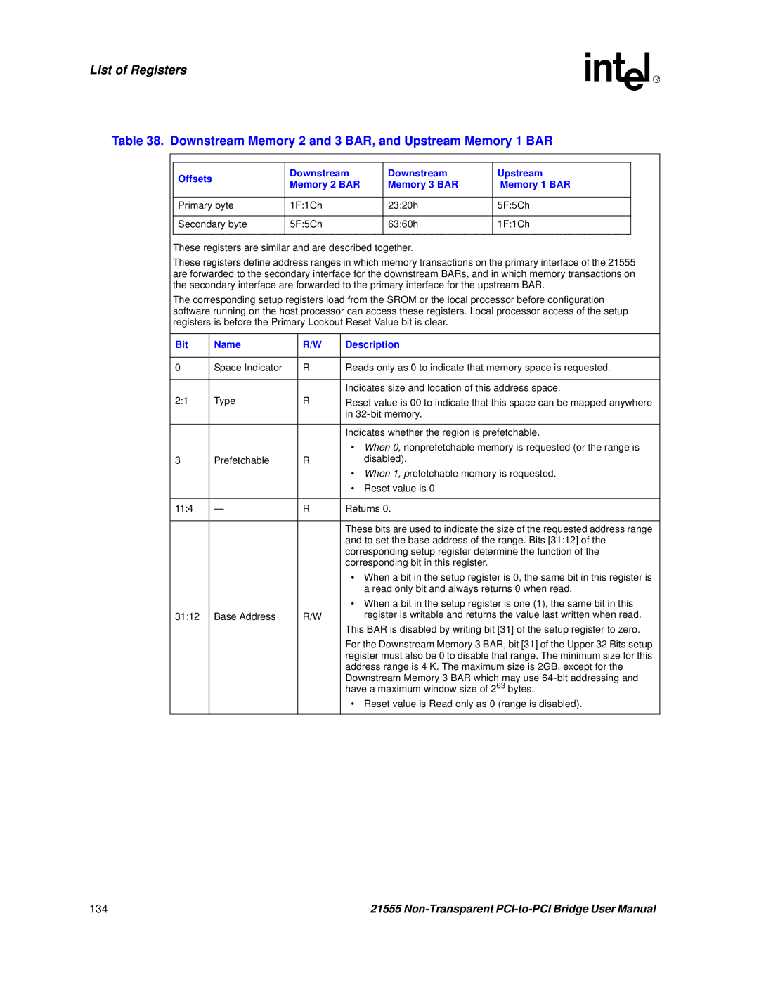 Intel 21555 user manual Downstream Memory 2 and 3 BAR, and Upstream Memory 1 BAR 