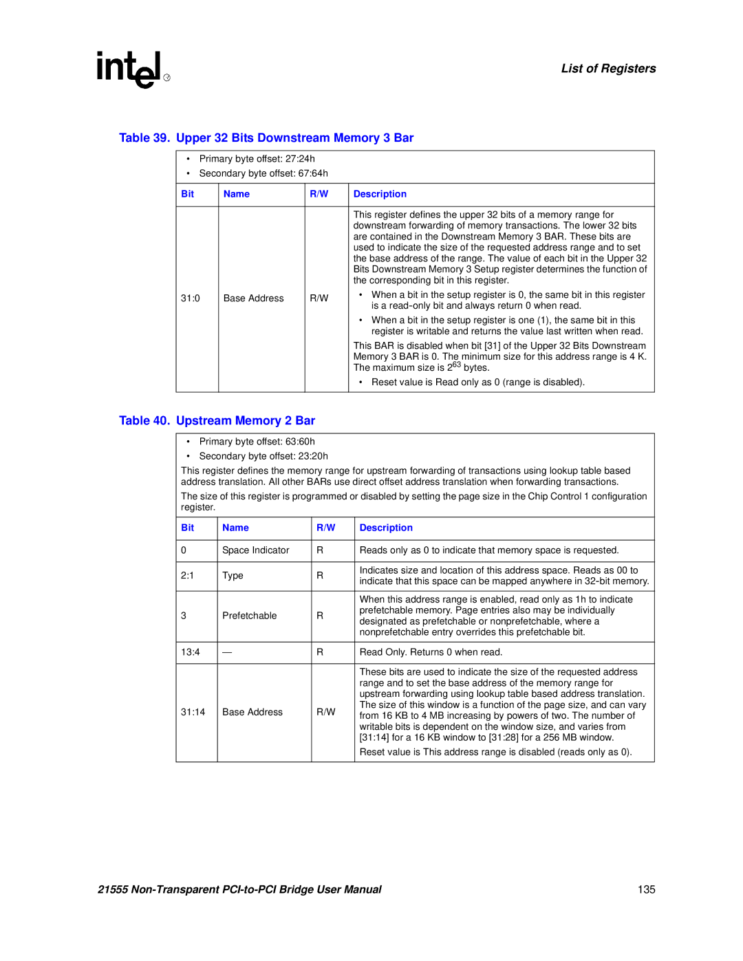 Intel 21555 user manual Upper 32 Bits Downstream Memory 3 Bar, Upstream Memory 2 Bar 