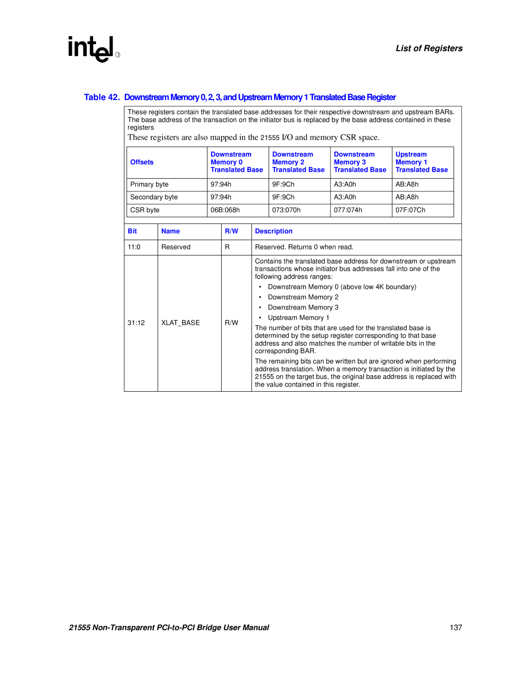 Intel 21555 user manual Downstream Upstream Offsets Memory Translated Base 